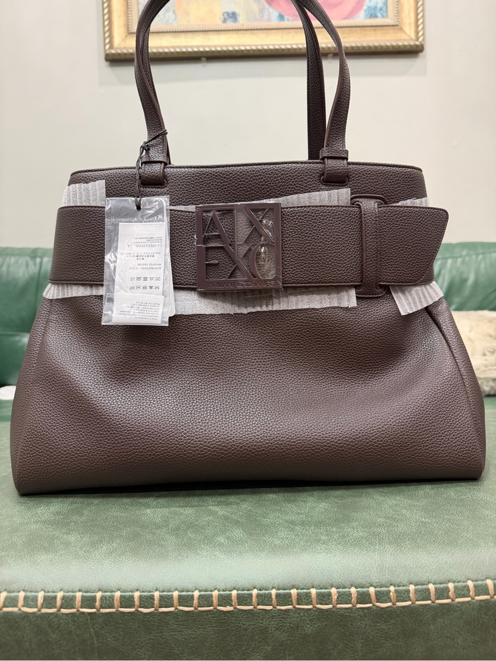 Armani Exchange Dark Brown Pebbled Leather Tote with Logo Buckle